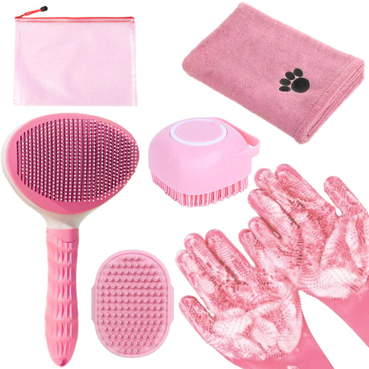 Bath Grooming Kit for Pets - Hair Brush Set with Towel Washing Gloves and Shampoo Scrubber Brush for Dogs and Cats (Pink)